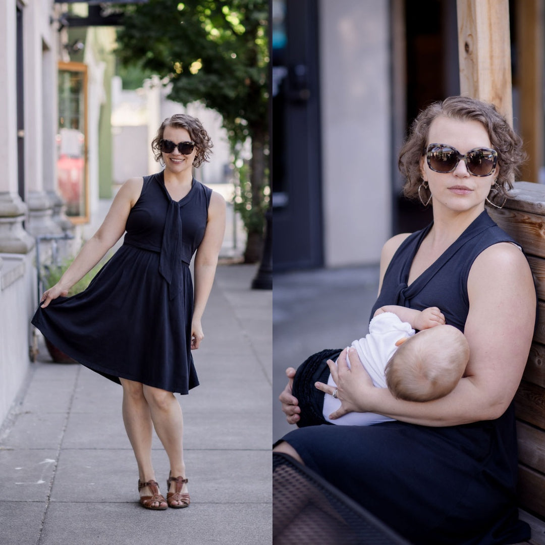 Smiling mom in black Olivia Nursing Dress poses on the left, while on the right, she wears sunglasses and breastfeeds her baby in an outdoor city setting.